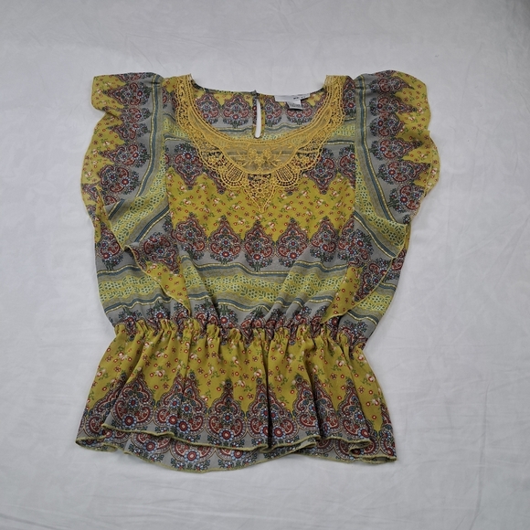 WD NY Women’s Yellow Blue Floral Ruffle Sheer Top Blouse Size L - Picture 7 of 10
